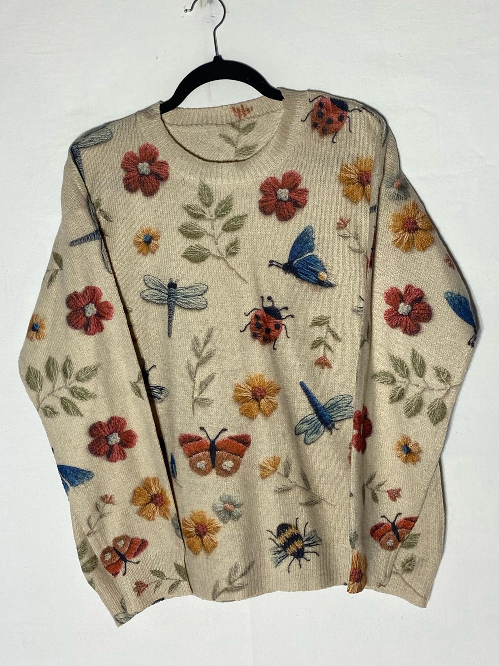 Graphic Floral Insect Butterfly Faux Embroidery Cream Crewneck Sweater L